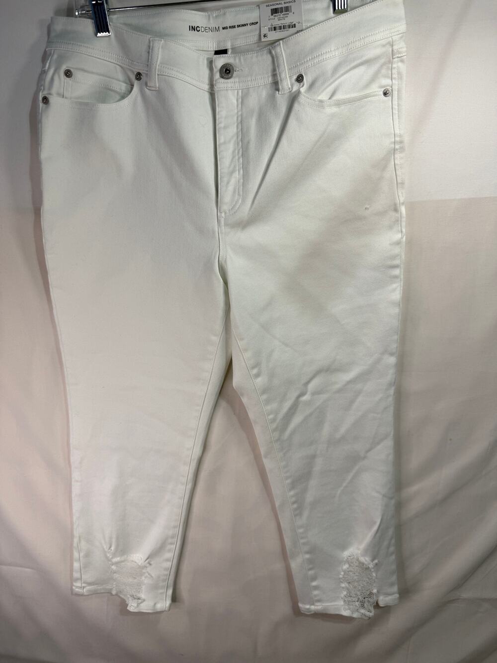 I.N.C. Denim White Skinny Crop Jeans 14/32 Mid Rise Distressed Frayed Hem NWT
